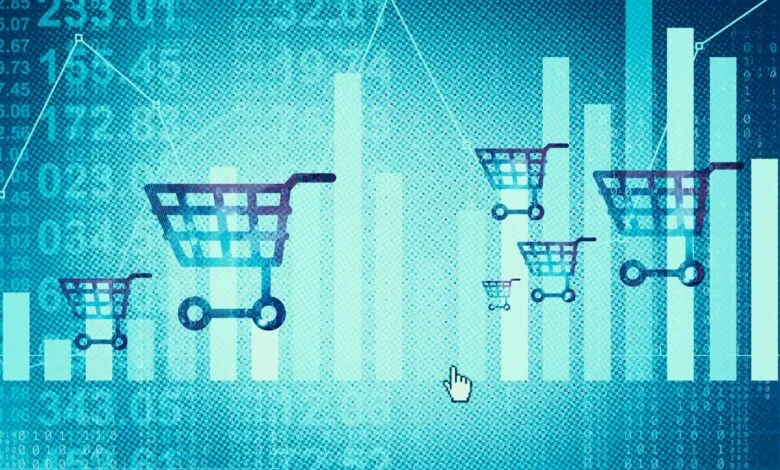 Online shopping concept with carts, graphs, and digital background.