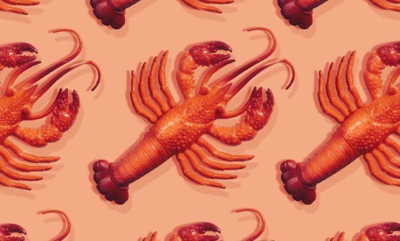 Repeating pattern of orange plastic toy lobsters on a peach background.