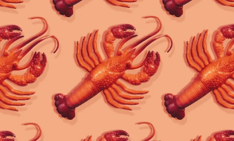 Repeating pattern of orange plastic toy lobsters on a peach background.