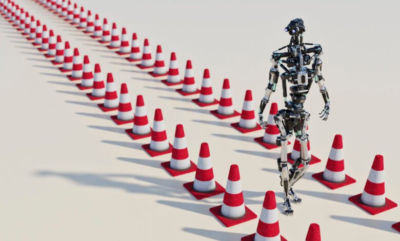 Robot walking a path defined by red and white traffic cones.