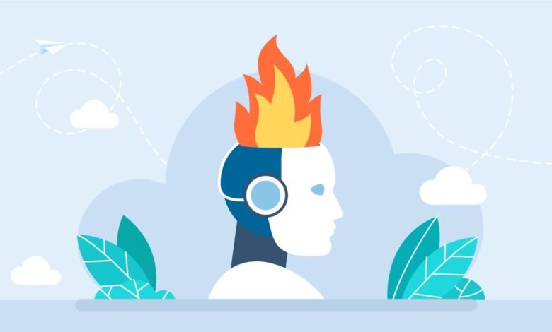 AI robot head with flames, symbolizing innovation or burnout.
