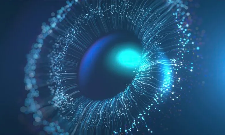 Abstract eye-like design with blue light trails and glowing center.