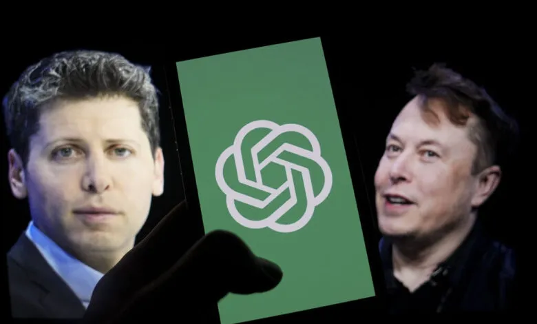 OpenAI logo on phone screen with Elon Musk and Sam Altman.