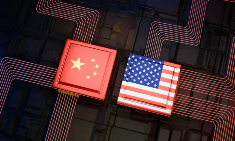 China and USA flag chips on circuit board, tech competition.