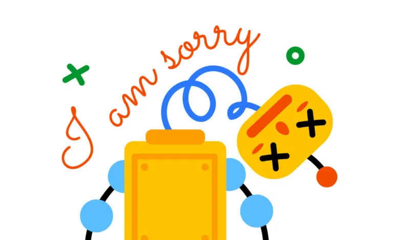 Cartoon robot with detached head and 'I am sorry' text.