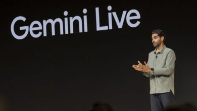 Sandeep Waraich presents Gemini Live on stage at Google event.