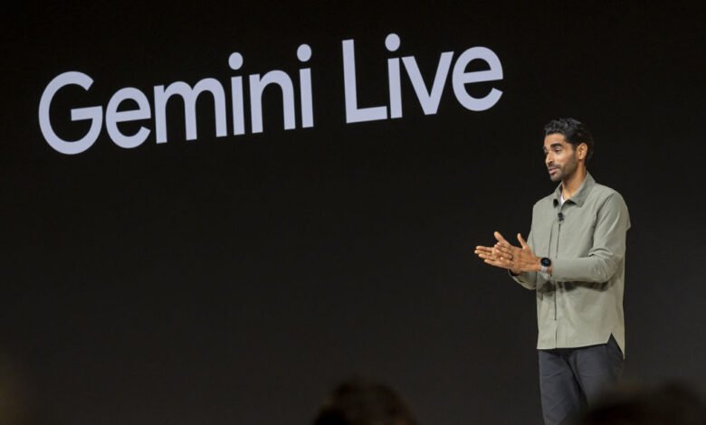 Sandeep Waraich presents Gemini Live on stage at Google event.