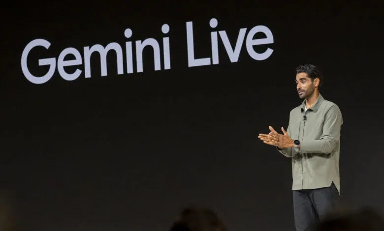 Sandeep Waraich presents Gemini Live on stage at Google event.