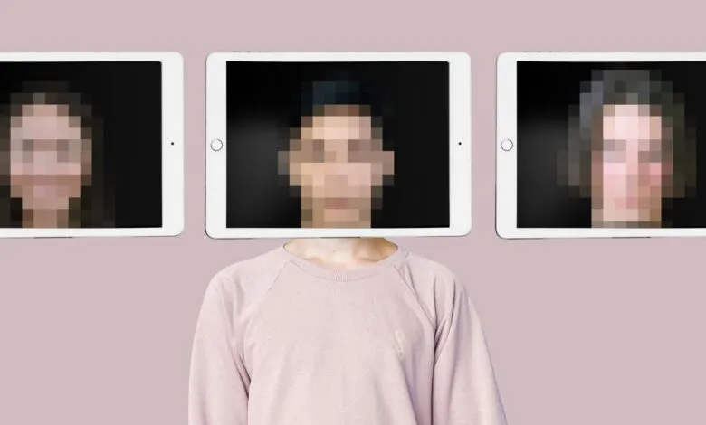 Person with three tablets showing pixelated faces instead of a head.
