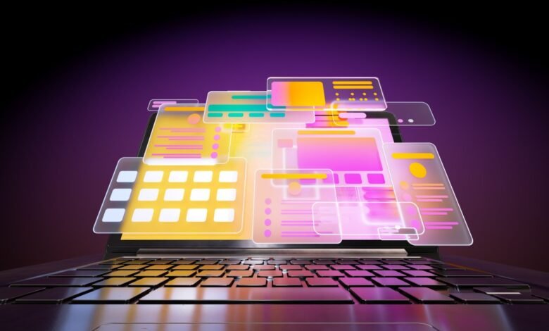 Laptop with floating translucent app windows, purple background.
