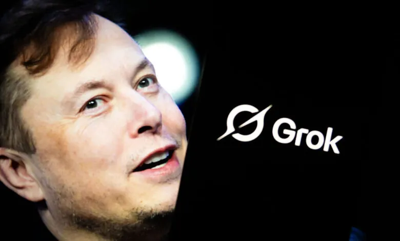Elon Musk with Grok AI logo displayed on a dark screen.