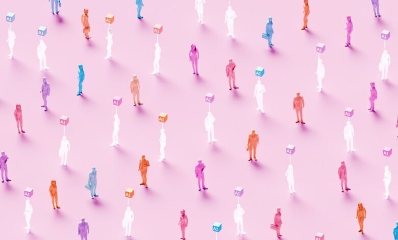 Colorful figures with AI cubes on pink background, representing artificial intelligence.