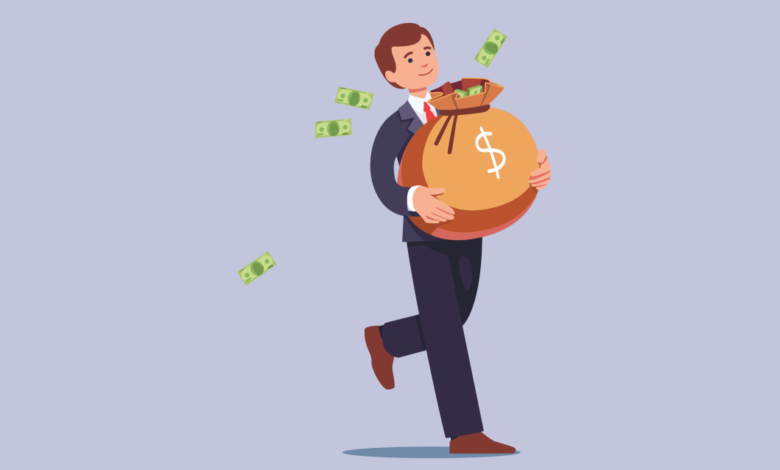 Cartoon man happily carries a large bag of money.