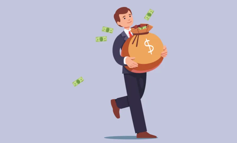 Cartoon man happily carries a large bag of money.