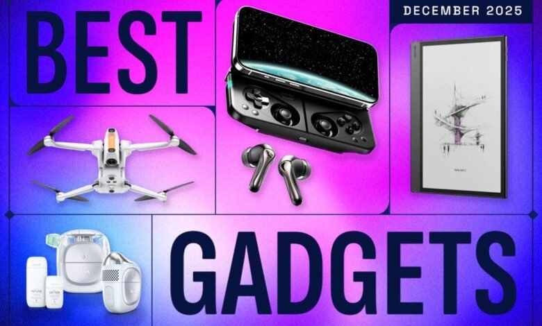 Gizmodo's Best Gadgets of December 2025 featuring a drone, gaming controller, earbuds, and e-reader.