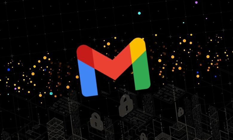 Gmail logo on a dark background with digital security elements.