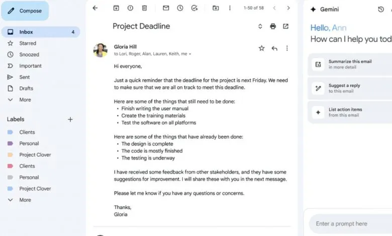 Gmail interface showing email with Gemini side panel offering AI assistance.