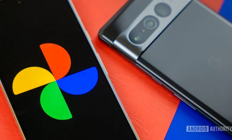 Smartphone displays Google Photos logo next to another phone.