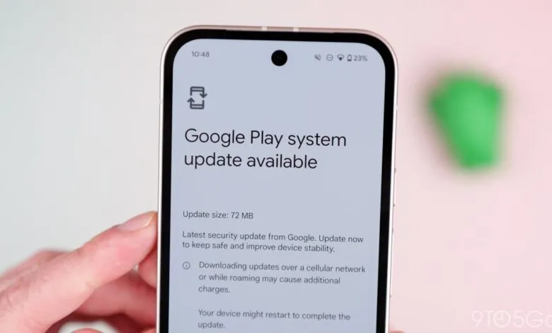 Smartphone screen displaying 'Google Play system update available' message.