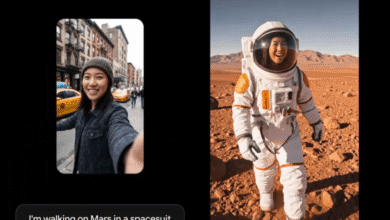 Split screen: woman in city, then in spacesuit on Mars.