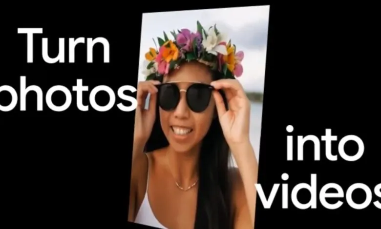 Woman with flower crown and sunglasses, text says 'Turn photos into videos'.