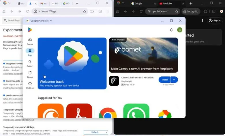 Screenshot of Google Play Store and Chrome flags page on a desktop.