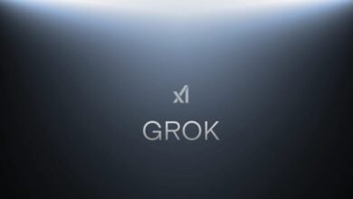 Grok logo on a gradient blue background.
