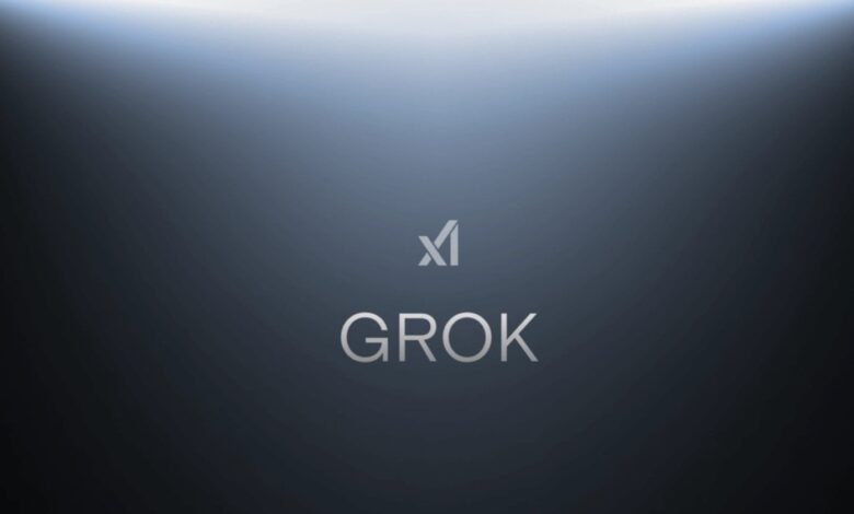 Grok logo on a gradient blue background.