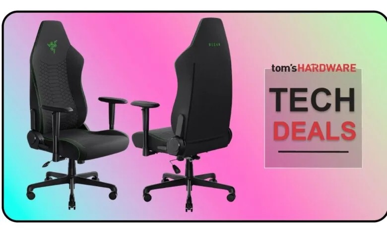 Two Razer Iskur gaming chairs, front and back view, against a colorful background.