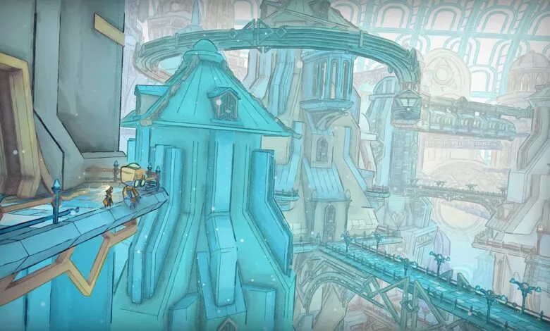 Stylized illustration of two figures on a bridge in a futuristic city.