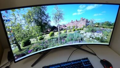 Ultrawide curved monitor displaying a landscape with a large building and garden.