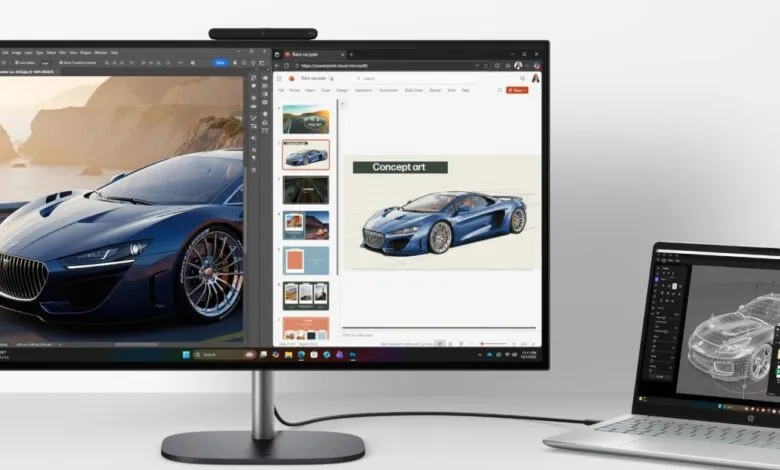 Two screens display car design software and presentation slides.