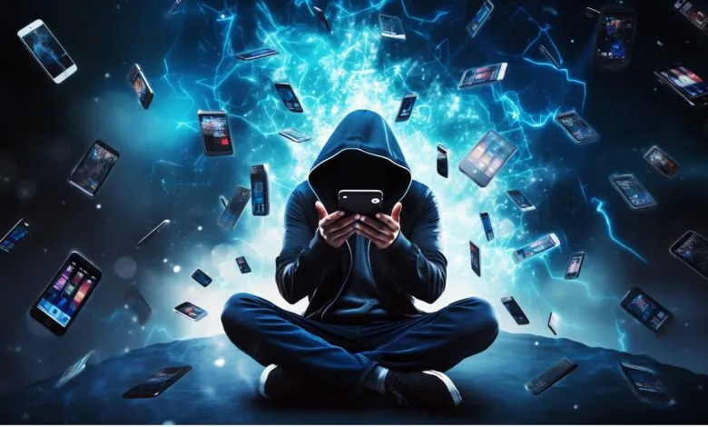 Person in hoodie surrounded by floating phones, digital security concept.