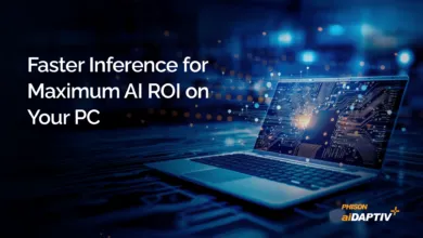 Laptop displaying a circuit board design, promoting faster AI inference.