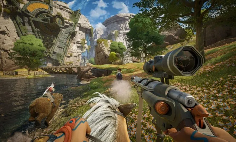 First-person view of a character aiming a rifle while riding a horse in a lush, mountainous landscape.
