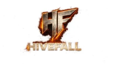 Hivefall logo with metallic text and fiery edges.