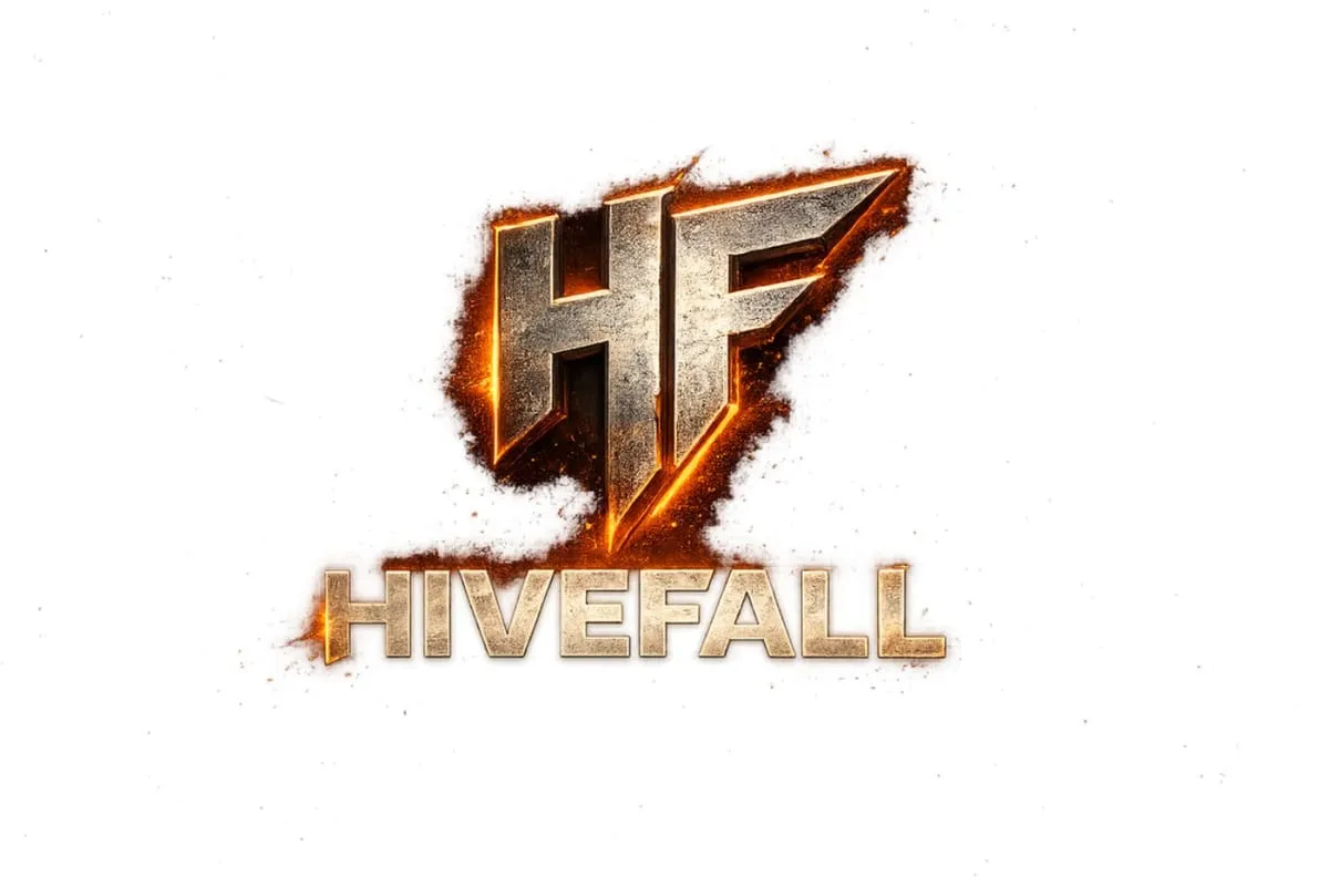 Hivefall logo with metallic text and fiery edges.