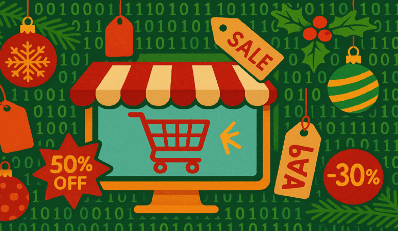 Festive e-commerce illustration with holiday ornaments and sale tags.
