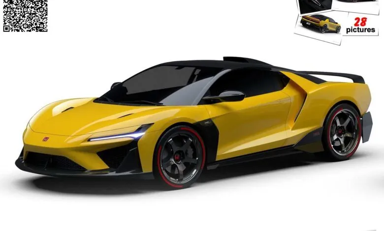 Yellow 2026 Honda NSX Tribute by Italdesign with black accents and red-rimmed wheels.