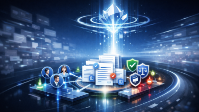 AI-powered search concept with documents, avatars, and security icons.