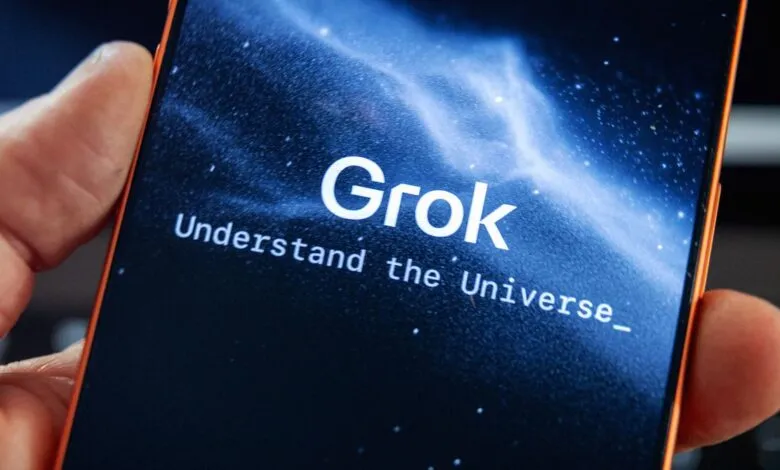 Close-up of a phone displaying 'Grok: Understand the Universe'.