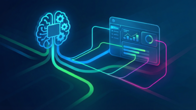 AI brain connected to data dashboard, symbolizing data analysis.