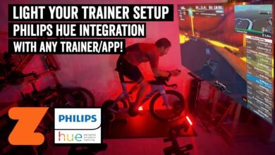 Indoor cycling setup with Philips Hue integration for immersive training.