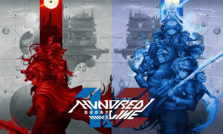 Hundred Line game art featuring red and blue character groups.