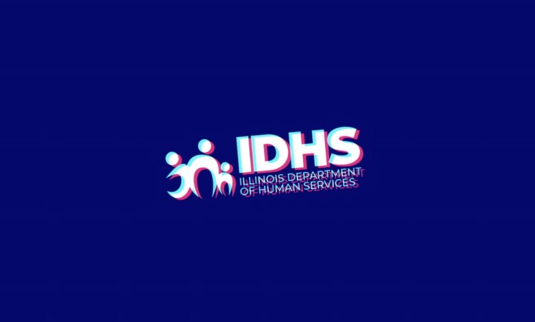 IDHS Illinois Department of Human Services logo on blue background.