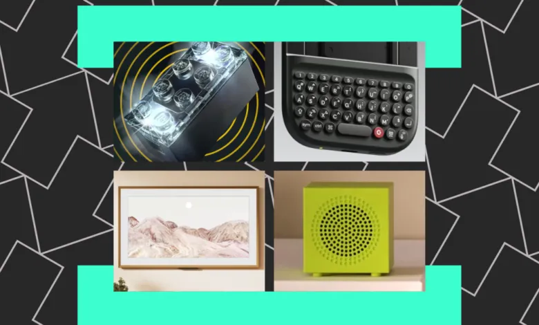 Collage of tech gadgets: Lego light, keyboard, framed art, green speaker.
