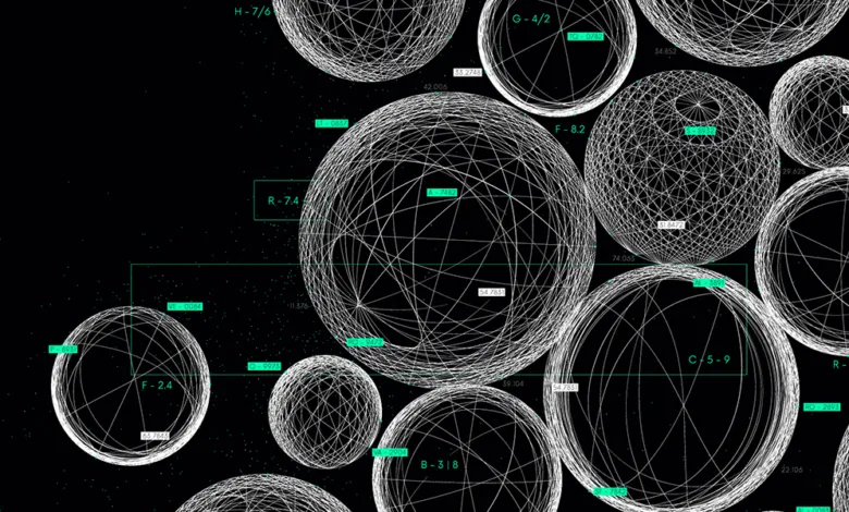Abstract art with white wireframe spheres and green text on black background.