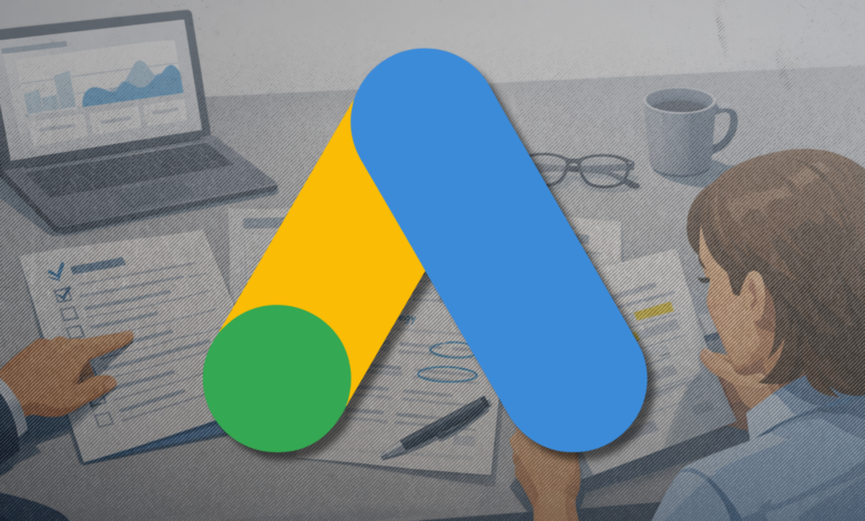 Google Ads logo overlaying a business meeting scene with documents and laptop.