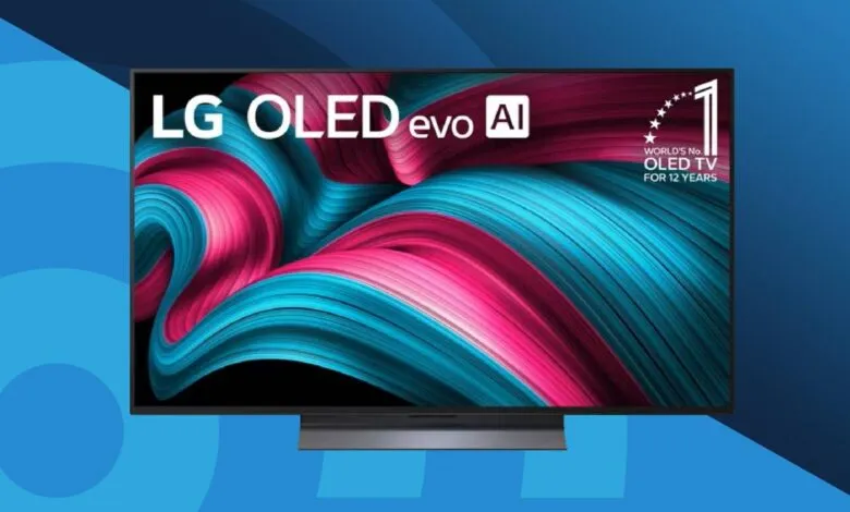 LG OLED evo AI TV displaying vibrant abstract art.