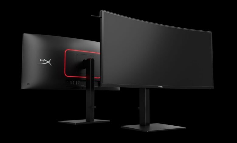 Two HyperX gaming monitors on stands against a black background.
